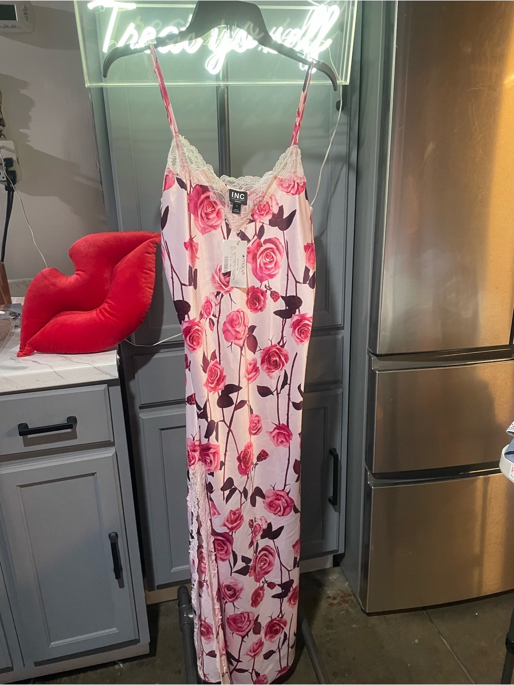 INC International Concepts Pink Rose-Print Lace-Trim Maxi Slip